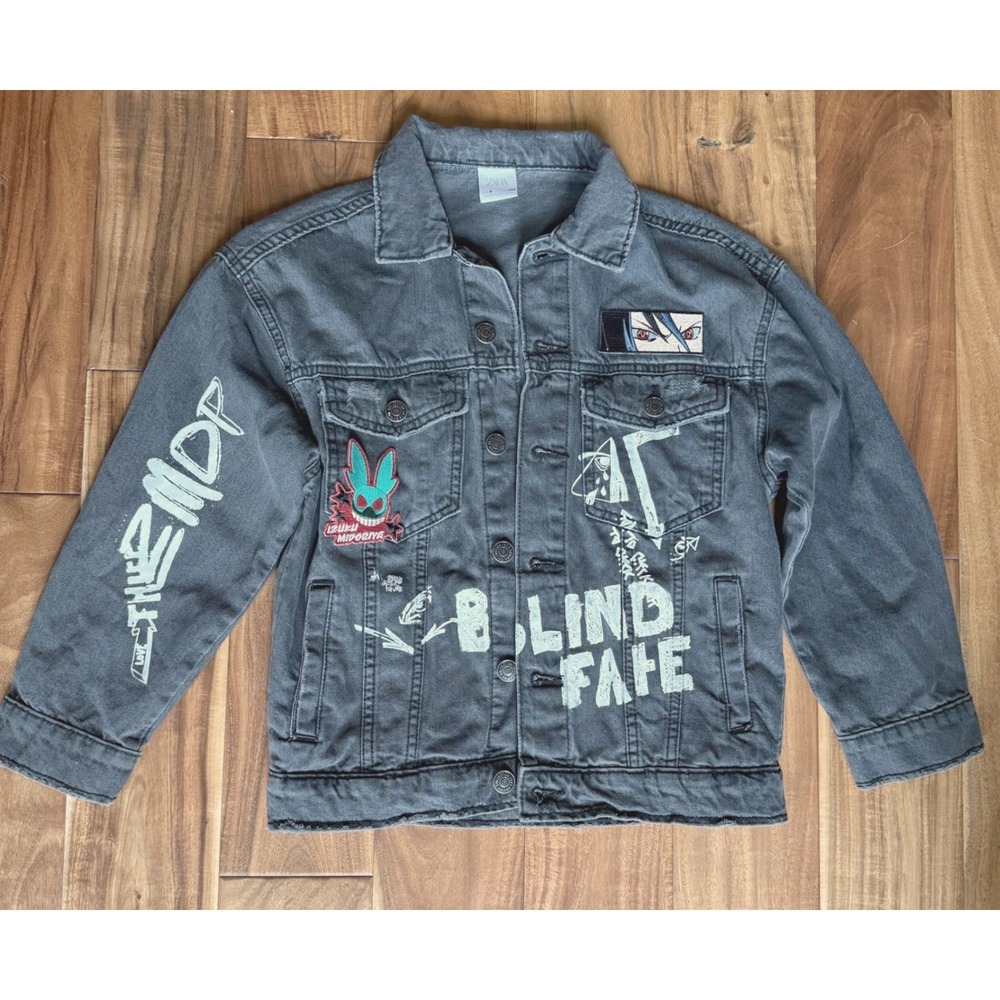 Zara Anime Denim Jacket Black My Hero Academia Midoriya Patch Blind Fate Size 9‎
